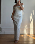 Vintage 90s Jacquard Lace Off Shoulder Wedding Gown with Bow and Train