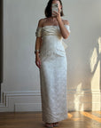 Vintage 90s Jacquard Lace Off Shoulder Wedding Gown with Bow and Train