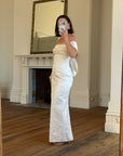 Vintage 90s Jacquard Lace Off Shoulder Wedding Gown with Bow and Train
