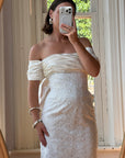 Vintage 90s Jacquard Lace Off Shoulder Wedding Gown with Bow and Train