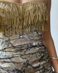 Vintage 90s Lurex Tapestry Golden Tassel Mini Dress
