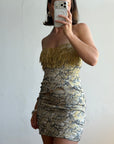 Vintage 90s Lurex Tapestry Golden Tassel Mini Dress