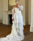 Vintage 70s Tiered Lace Wedding Dress With Cathedral Train