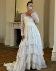 Vintage 70s Tiered Lace Wedding Dress With Cathedral Train
