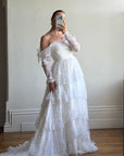 Vintage 70s Tiered Lace Wedding Dress With Cathedral Train
