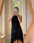 Vintage 90s Crochet Linen Handkerchief Halter Dress Noir