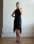 Vintage 90s Crochet Linen Handkerchief Halter Dress Noir