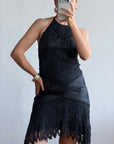Vintage 90s Crochet Linen Handkerchief Halter Dress Noir