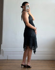Vintage 90s Crochet Linen Handkerchief Halter Dress Noir
