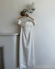 Vintage 90s Jacquard Lace Off Shoulder Wedding Gown with Bow and Train