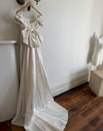 Vintage 90s Jacquard Lace Off Shoulder Wedding Gown with Bow and Train