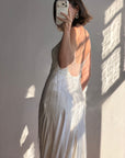 Vintage 90s Italian Silk Satin Beaded Fringe Haute Couture Dress with Train