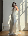 Vintage 90s Italian Silk Satin Beaded Fringe Haute Couture Dress with Train