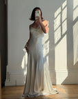 Vintage 90s Italian Silk Satin Beaded Fringe Haute Couture Dress with Train