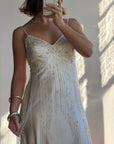 Vintage 90s Italian Silk Satin Beaded Fringe Haute Couture Dress with Train