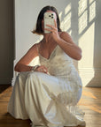 Vintage 90s Italian Silk Satin Beaded Fringe Haute Couture Dress with Train