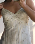 Vintage 90s Italian Silk Satin Beaded Fringe Haute Couture Dress with Train