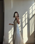 Vintage 90s Italian Silk Satin Beaded Fringe Haute Couture Dress with Train