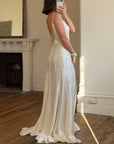 Vintage 90s Italian Silk Satin Beaded Fringe Haute Couture Dress with Train