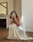 Vintage 90s Italian Silk Satin Beaded Fringe Haute Couture Dress with Train