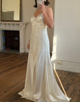 Vintage 90s Italian Silk Satin Beaded Fringe Haute Couture Dress with Train