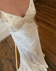 Vintage 90s Italian Silk Satin Beaded Fringe Haute Couture Dress with Train
