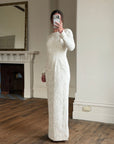 Vintage 90s Rope Embroidered Long Sleeve Open Back Wedding Dress