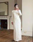 Vintage 90s Rope Embroidered Long Sleeve Open Back Wedding Dress