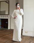 Vintage 90s Rope Embroidered Long Sleeve Open Back Wedding Dress