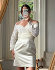 Vintage Off Shoulder Lace Satin Bridal Mini with Train