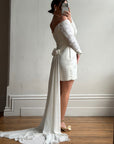 Vintage Off Shoulder Lace Satin Bridal Mini with Train