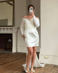 Vintage Off Shoulder Lace Satin Bridal Mini with Train