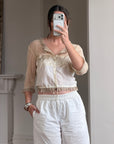 Vintage 90s Silk Ruffle Embroidered Blouse Creme