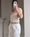 Vintage 90s Silk Ruffle Embroidered Blouse Creme