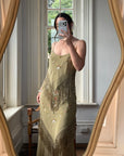 Vintage 90s Pure Silk Embroidered Fringe Maxi Dress Khaki
