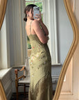 Vintage 90s Pure Silk Embroidered Fringe Maxi Dress Khaki