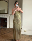 Vintage 90s Pure Silk Embroidered Fringe Maxi Dress Khaki