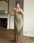 Vintage 90s Pure Silk Embroidered Fringe Maxi Dress Khaki
