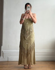 Vintage 90s Pure Silk Embroidered Fringe Maxi Dress Khaki
