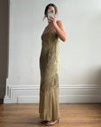 Vintage 90s Pure Silk Embroidered Fringe Maxi Dress Khaki