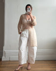 Vintage 90s Sheer Silk Beaded Button Front Top Creme