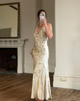 Vintage 90s Sunburst Sequin Halter Silk Backless Dress