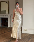 Vintage 90s Sunburst Sequin Halter Silk Backless Dress