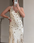 Vintage 90s Sunburst Sequin Halter Silk Backless Dress