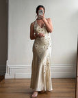 Vintage 90s Sunburst Sequin Halter Silk Backless Dress