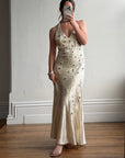 Vintage 90s Sunburst Sequin Halter Silk Backless Dress