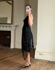 Vintage 90s Asymmetrical Beaded Fringe Cowl Dress