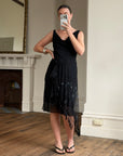 Vintage 90s Asymmetrical Beaded Fringe Cowl Dress