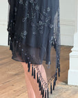 Vintage 90s Asymmetrical Beaded Fringe Cowl Dress