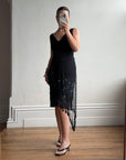 Vintage 90s Asymmetrical Beaded Fringe Cowl Dress
